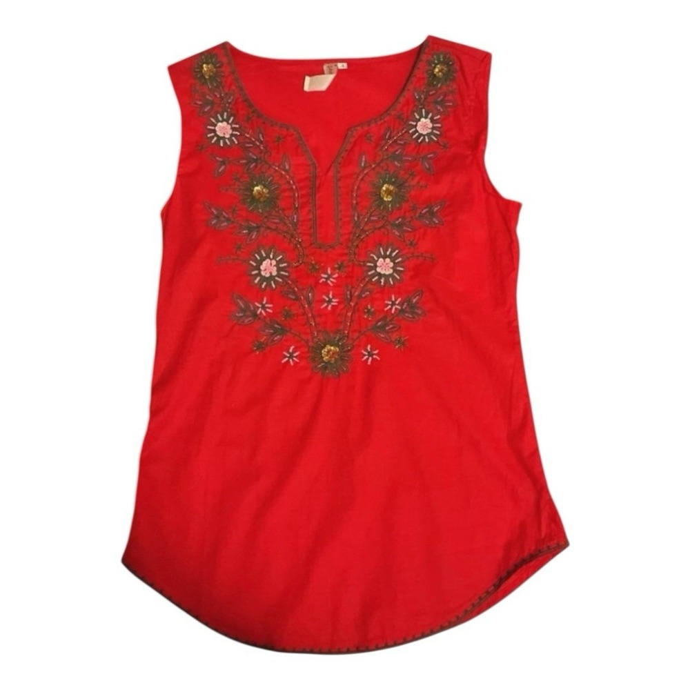 Red Embroidered Cotton Shirt Women's Size 4 Boho Sleeveless Flowers - Picture 4 of 7
